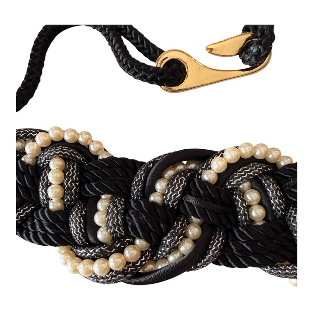 Vintage Black Braided Pearl Accent Waist Belt